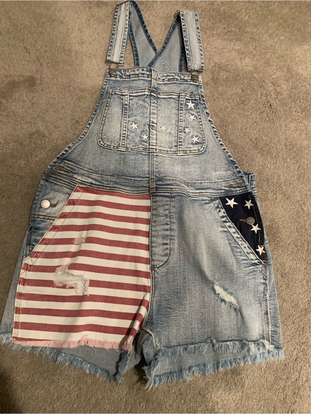 Women’s Denim Short Overalls with Flag Patch Detail - Light Blue